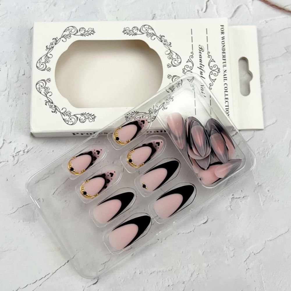 Medium French Tips Black Heart Pearl Acrylic Nails – 24pcs