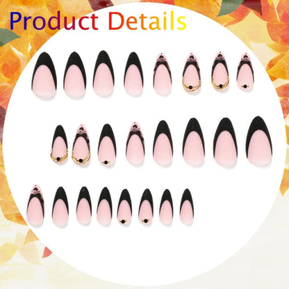 Medium French Tips Black Heart Pearl Acrylic Nails – 24pcs