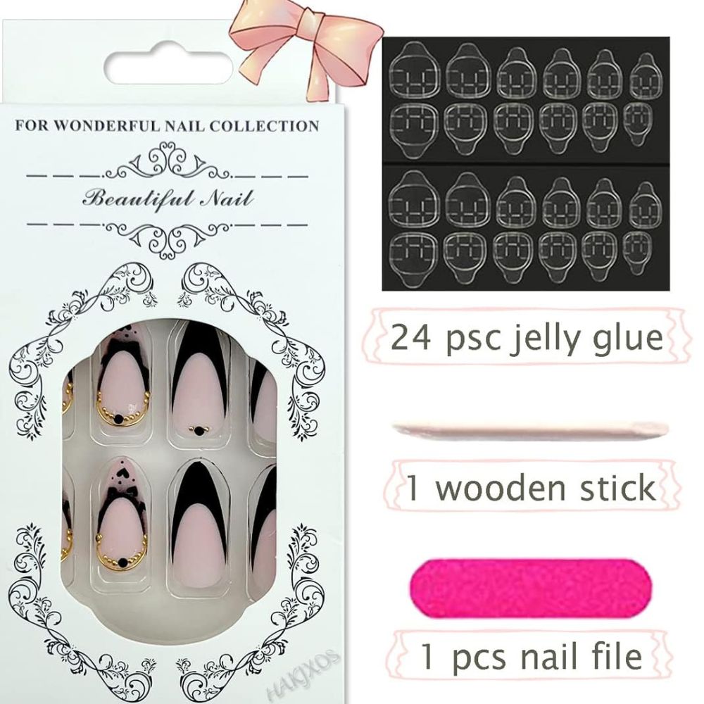 Medium French Tips Black Heart Pearl Acrylic Nails – 24pcs