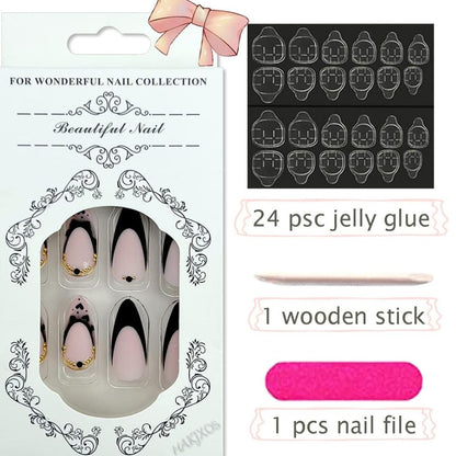 Medium French Tips Black Heart Pearl Acrylic Nails – 24pcs