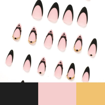 Medium French Tips Black Heart Pearl Acrylic Nails – 24pcs